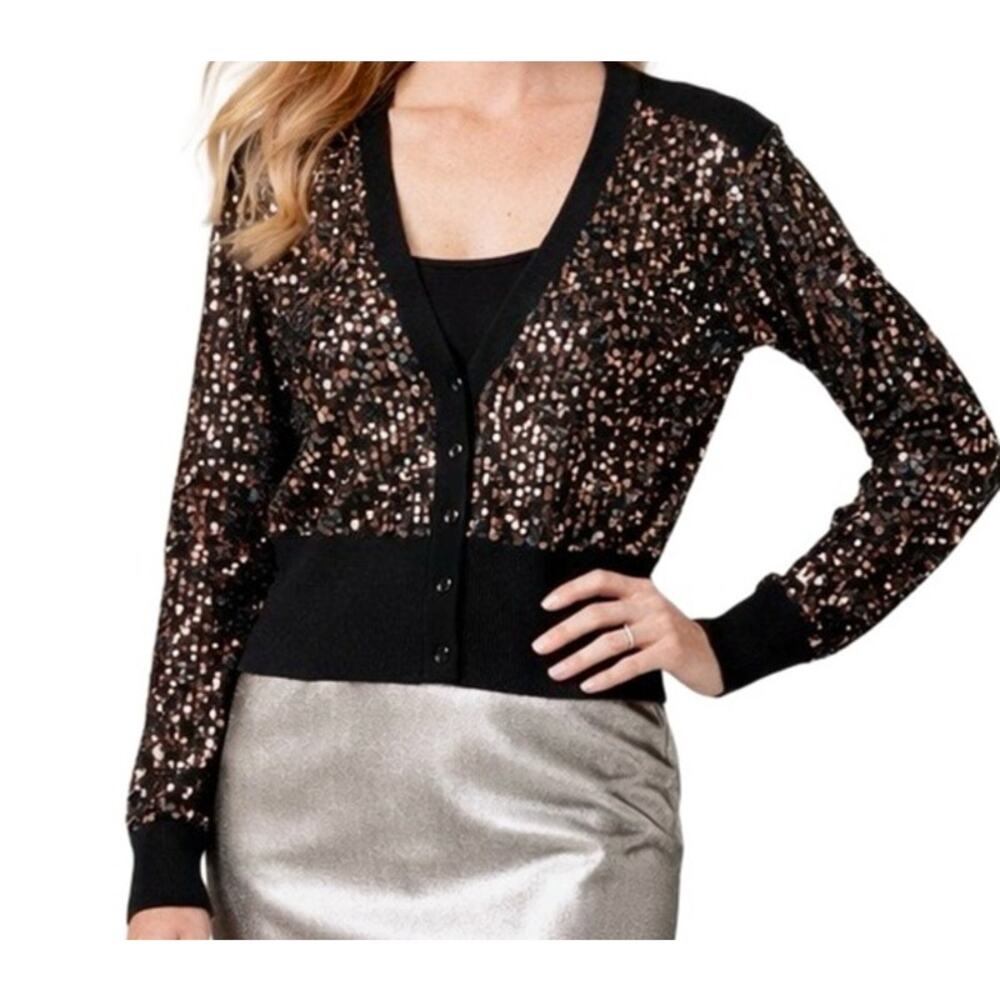 GUESS Sweater Womens XL Black Sequins Long Sleeve Button Up V-Neck Sparkly